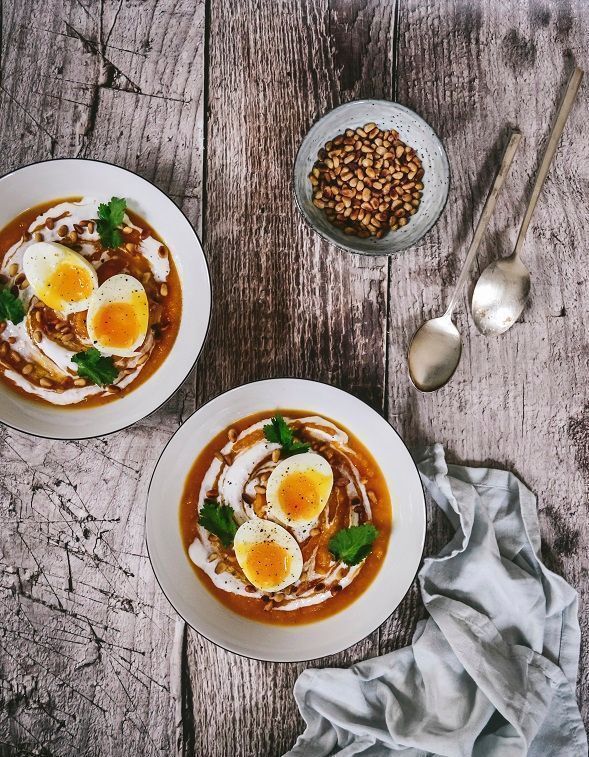 Butternut, goat's cheese and egg soup