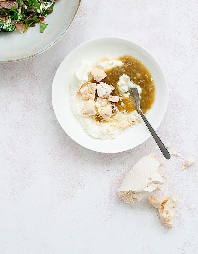 Eton mess style dessert with petit-suisse and rhubarb compote