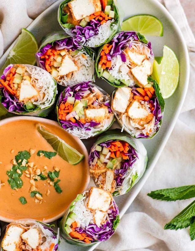 Vegetarian spring rolls with tofu and peanut sauce