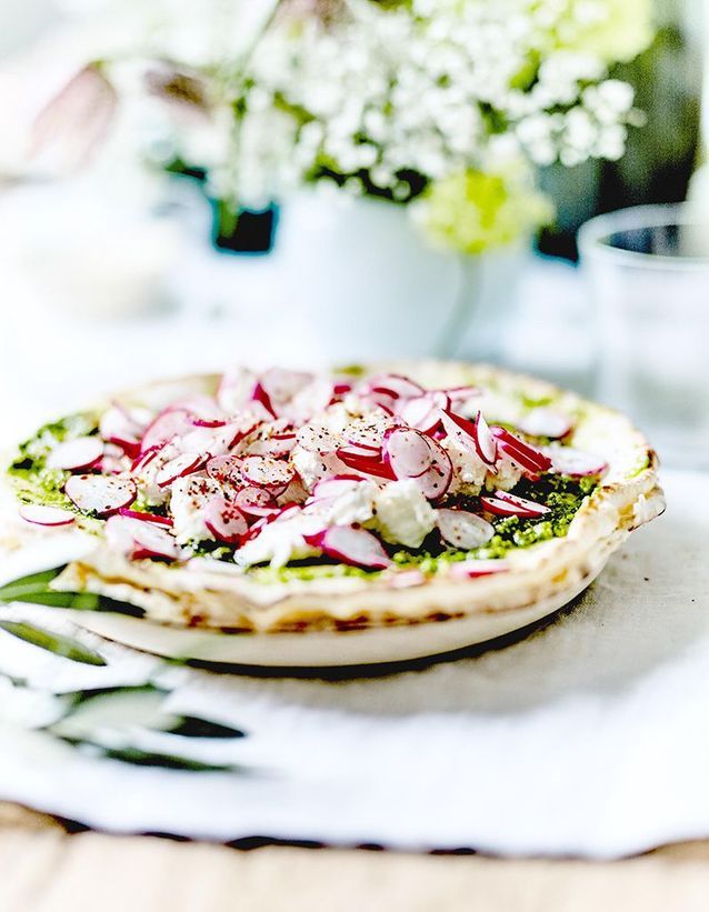 Foccacia with pesto, ricotta and radish