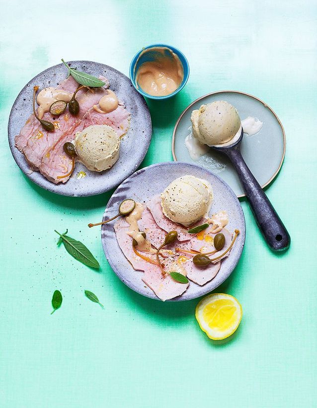 Vitello tonnato and anchovy and caper ice cream