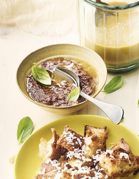Bagna cauda with olives, croutons