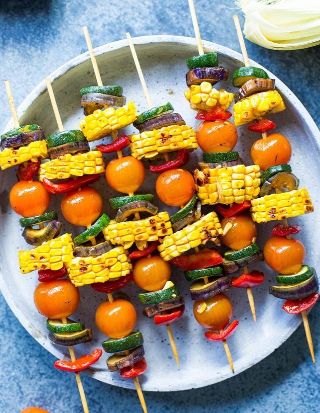 Vegetarian skewers with honey and soy sauce