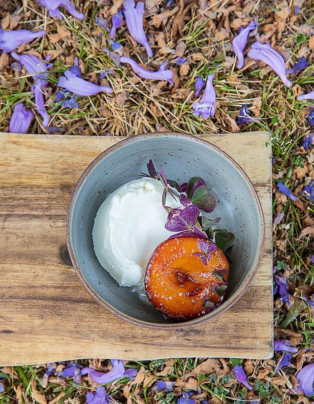 Grilled peaches with verbena and milk flower ice cream