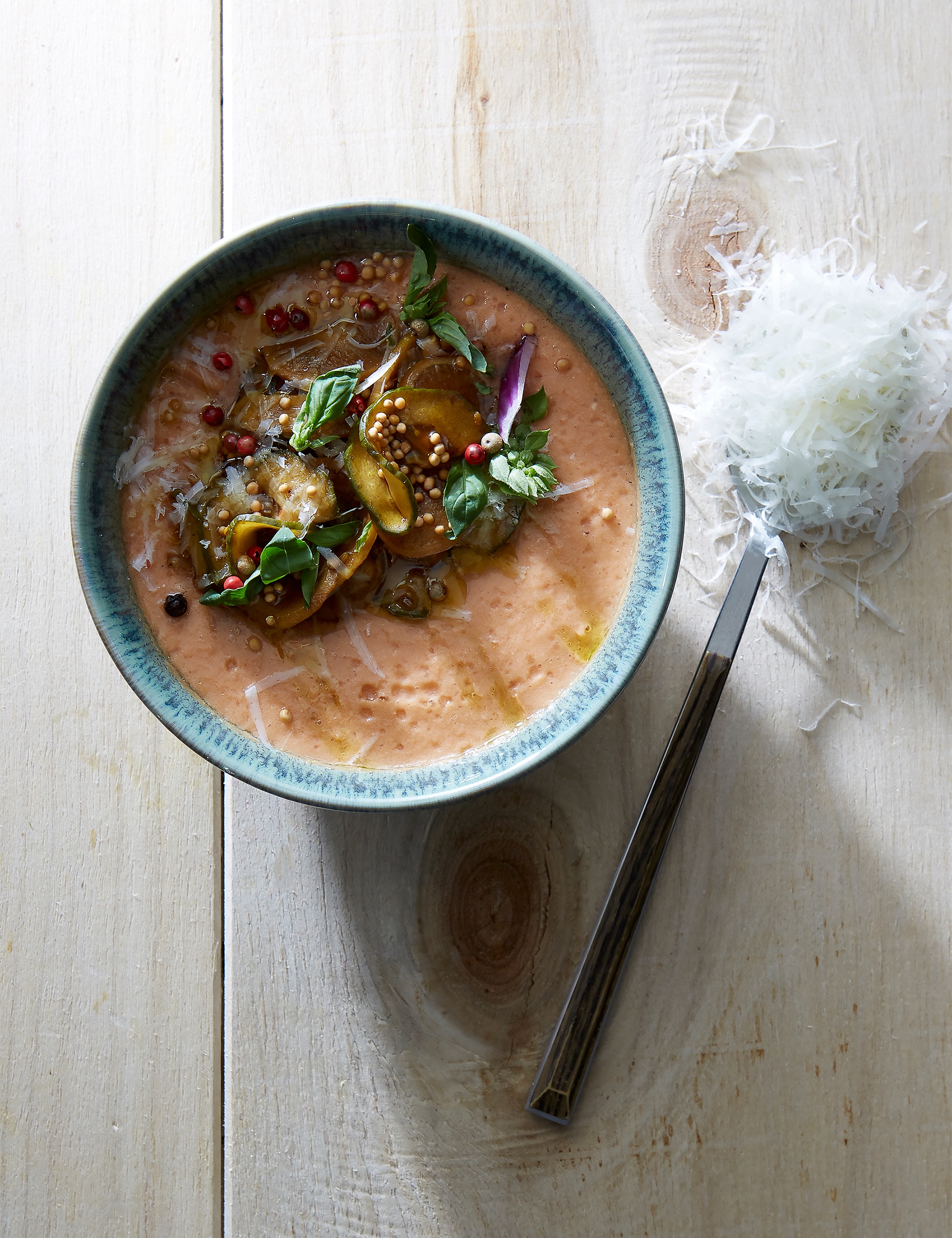 Tomato soup, ricotta, vegetable pickles