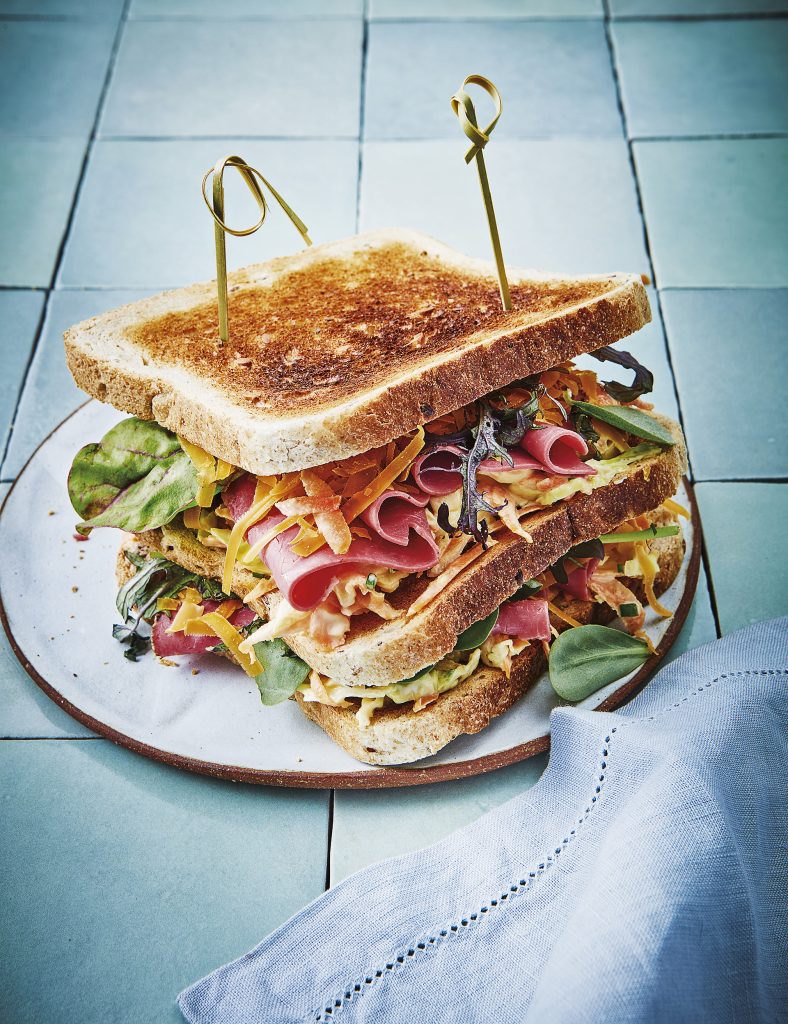 Grilled Club Sandwich with Pastrami, Coleslaw and Cheddar

