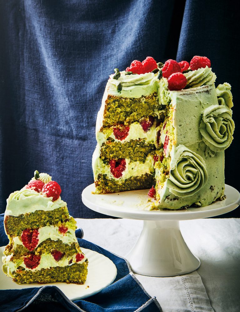 Raspberry pistachio layer cake
