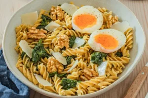 Spinach and soft-boiled egg twists