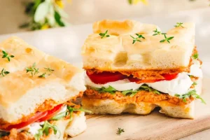 Tuna focaccia and Espelette pepper puree