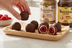 Raspberries coated with two Nocciolata