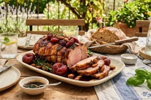 Roasted pork with plums and balsamic sauce