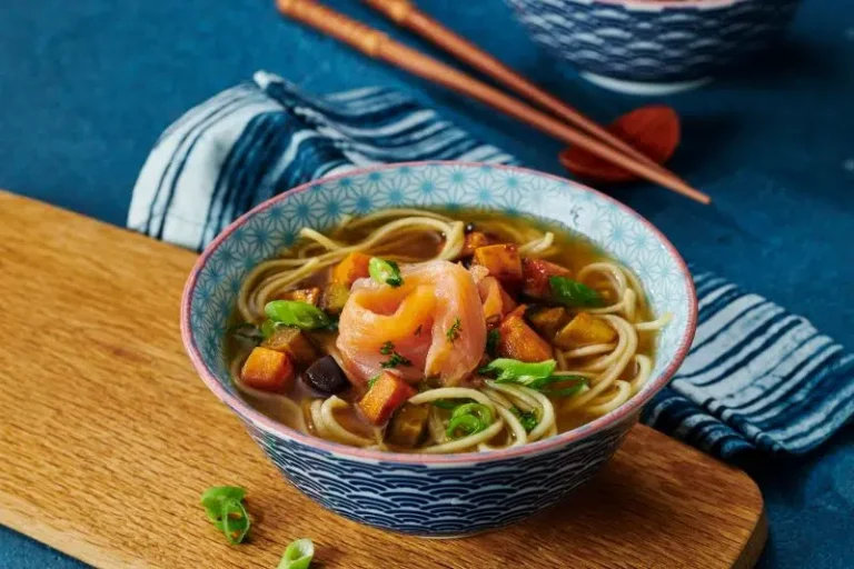 Ramen with smoked salmon, sweet potatoes and eggplant