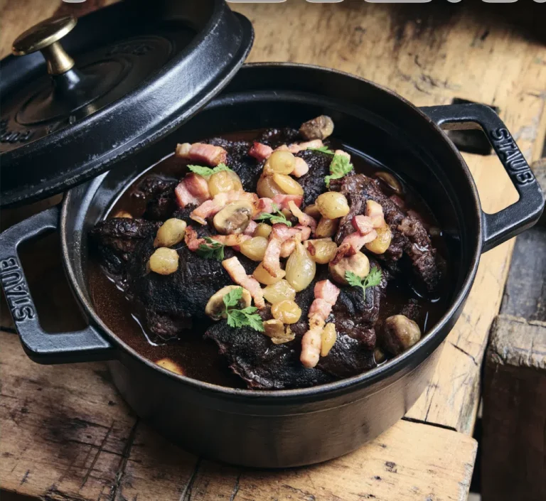Casserole of beef cheek confit with Burgundian style