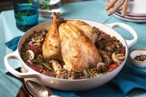 Roast chicken with green lentils