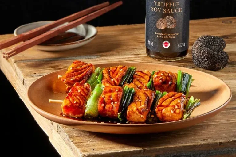 Marinated salmon teppanyaki skewers