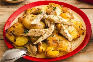 Smashed potatoes with mustard mackerel