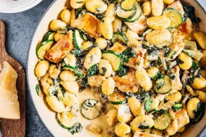 One pot of gnocchi and chicken with vegetables
