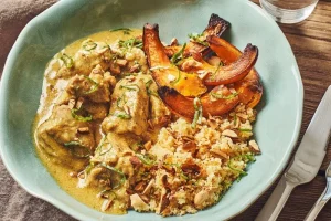 Stir-fried veal with curry and roasted pumpkin